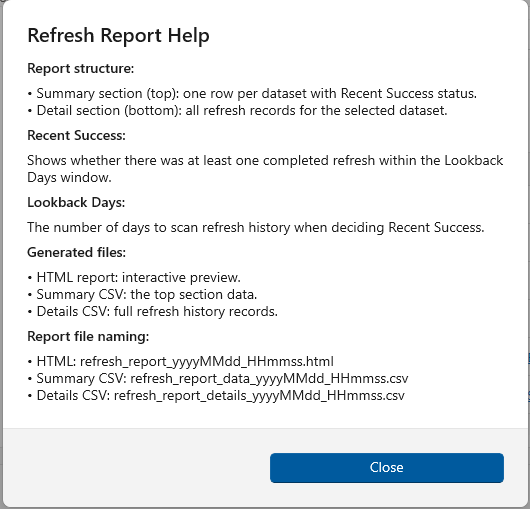 Refresh Report help dialog screenshot
